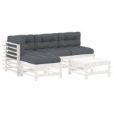 Set mobilier de gradina cu perne, 5 piese, alb, lemn masiv