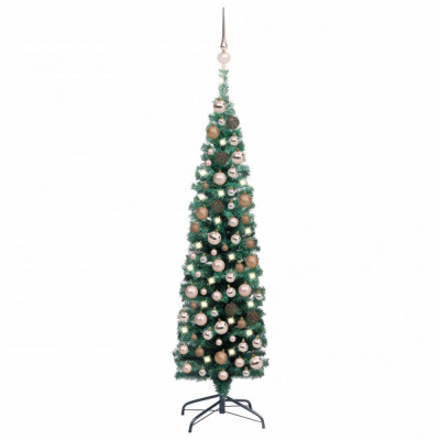 Pom Crăciun artificial subțire, LED-uri&amp;amp;globuri, verde, 120 cm foto