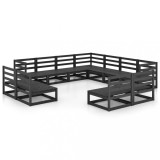Set mobilier de gradina, 11 piese, negru, lemn masiv pin