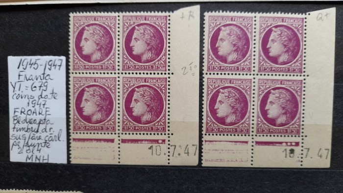 1945-Franta- YT679 2 bl4 bl dr, timbru dr.sus fara carliont frunte EROARE-MNH
