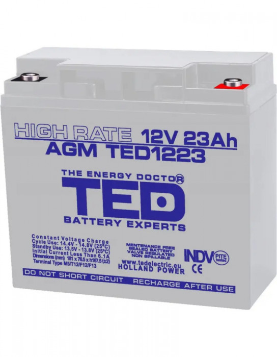 Acumulator 12V, TED Electric High Rate, Dimensiuni 181 x 76 x 167 mm, Baterie 12V 23Ah M5