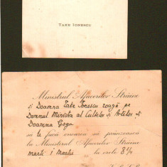 Take Ionescu, Carte de vizita si Invitatie lui Octavian goga, in anul 1920