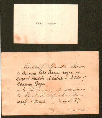 Take Ionescu, Carte de vizita si Invitatie lui Octavian goga, in anul 1920 foto