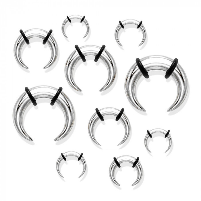 Piercing pentru ureche din oțel, stil bivol, culoare argintie, cauciucuri negre - Lățime: 5 mm