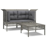 Set mobilier de gradina cu perne, 3 piese, gri, poliratan