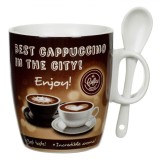 Set Cană și Lingură, Model Coffee, Porțelan, Negru, Capacitate 0,22L