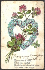 LETONIA 1908 - CARTE PO?TALA TIP FELICITARE - CORONI?A DE FLORI CU POEZIE - EXPEDIATA IN RUSIA (C32) foto