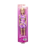 Papusa Barbie blonda cu rochie multicolora si sandale roz Mattel
