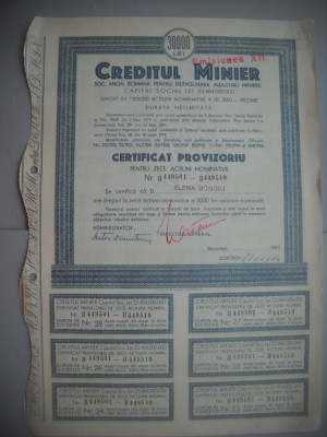 HOPCT DOCUMENT VECHI NR 299 CERTIFICAT PROVIZORIU CREDITUL MINIER 30000-1945 foto