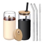 Set 2 pahare din sticla termoizolante transparente, flippy, capace si paie incluse, 500 ml, silicon negru si crem