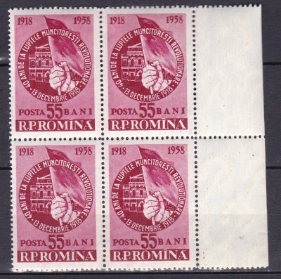 1958 LP 468 - 40 ANI DE LA LUPTELE MUNCITORILOR DECEMBRIE 1918 BLOC 4 TIMBRE MNH foto