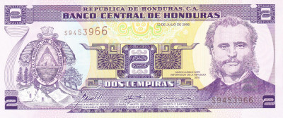 Bancnota Honduras 2 Lempiras 2006 - P80Af UNC foto