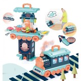 Jucarie Copii 2 in 1: Locomotiva si Bucatarie pe Roti Interactiva, Accesorii Gatit, Joc Rol, 45x17x66cm
