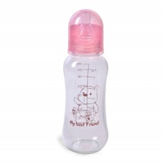 Biberon sticla Pufo cu tetina din silicon pentru lapte, model Best friend, 250 ml, roz