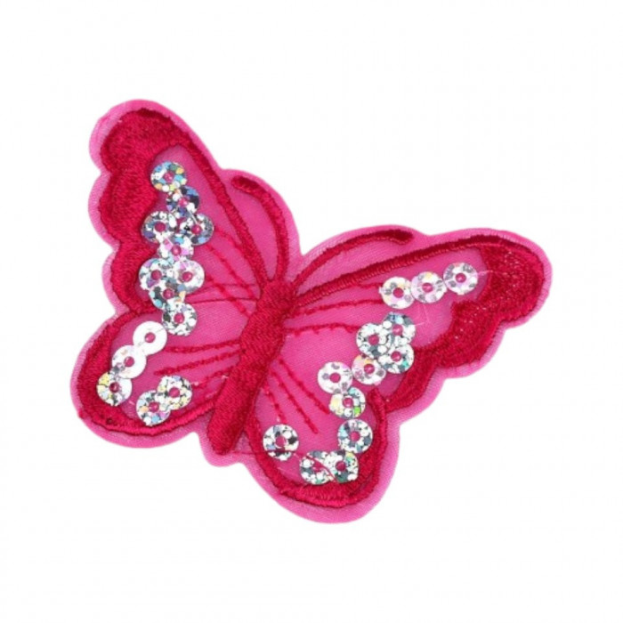 Aplicatie termoadeziva, fluture cu paiete, 4,6 x 6,7 cm, Roz
