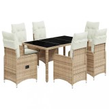 Cumpara ieftin Set bistro de gradina, 7 piese, cu perne, bej, poliratan