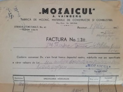 Factura MOZAICUL, A. Vainberg, Str. Fantanica 40, Bucuresti, mozaic, combustibil foto