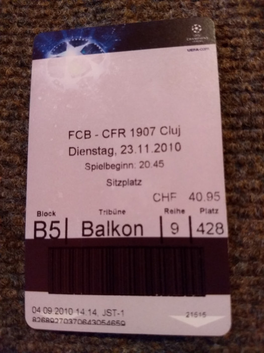 Bilet meci fotbal FC BASEL - CFR CLUJ (Champions League 23.11.2010)