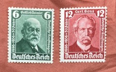 Serie Completă 2 Timbre Germania Al Treilea Reich 1936 Aniversarea Automobilului Gottlieb Daimler și Carl Benz Neștampilat - A007