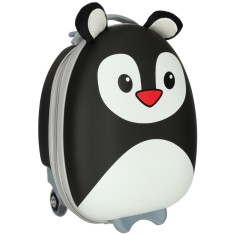 Troler de Voiaj pentru Copii, cu Maner Extensibil, Roti Luminoase, Fermoar Dublu, Carcasa Anti-Soc, Urechi Moi, model Pinguin, 25L, 40 x 28 x 21 cm, A