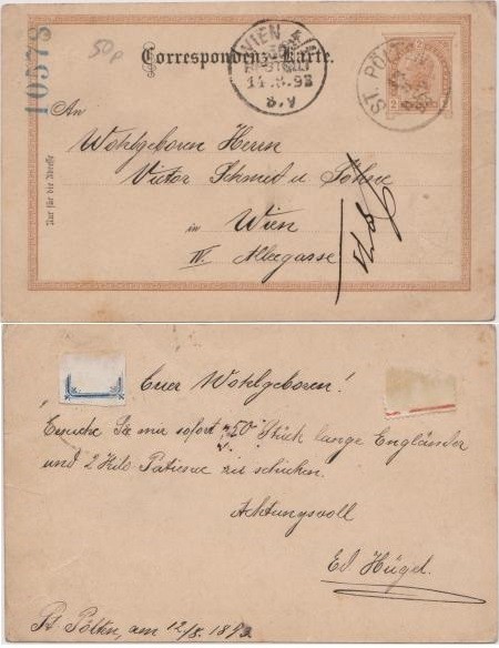 Austria 1893 Postcard Stationery Card St.Polten to Vienna D.390
