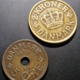 Lot 2 monede Danemarca (5 Ore 1928 si 2 Kroner 1925) Regele Christian X (1912-1947)