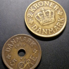 Lot 2 monede Danemarca (5 Ore 1928 si 2 Kroner 1925) Regele Christian X (1912-1947)