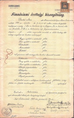 A3091N Certificatul de absolvire a gimnaziului al lui Dark&amp;oacute; &amp;Aacute;kos, 1906, Cluj, cu semnătura olografă a contelui Bethlen &amp;Ouml;d&amp;ouml;n foto