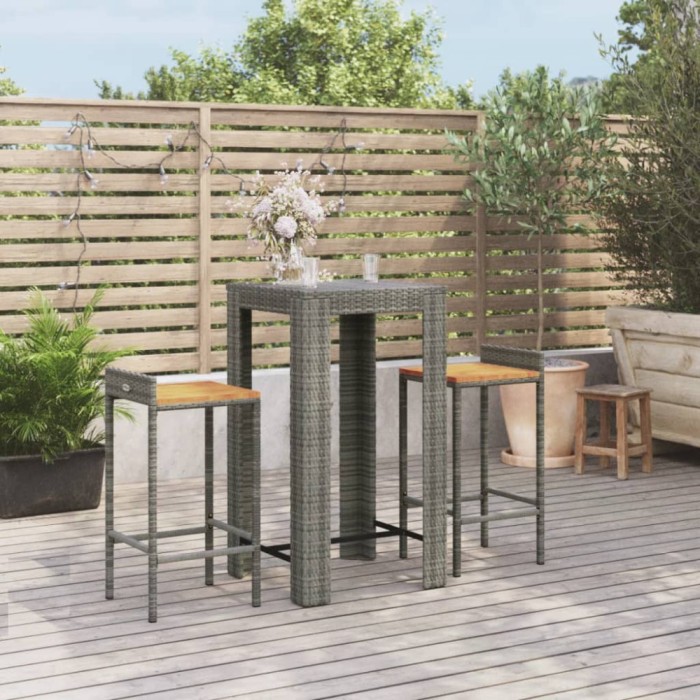 Gossi set bar pentru gradina, 3 piese, gri, poliratan/lemn acacia