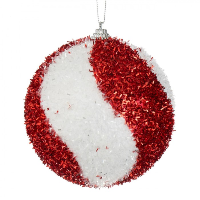 Ornament Brad Crăciun, Glob Spumă, Dungi Candy, Roșu-Alb, 15 cm