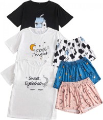 dusa Set pijamale 3 piese pentru femei cu imprimeu in carouri Tricou ?i pantaloni scur?i Set pijama Alb Albastru Roz Mediu foto