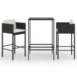 Set mobilier bar de gradina cu perne, 3 piese, negru, poliratan