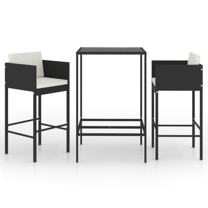 Set mobilier bar de gradina cu perne, 3 piese, negru, poliratan