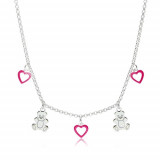 Colier din argint 925 pentru copii - contururi de inimă cu smalț roz și urși lucioși