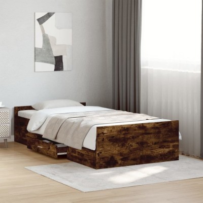 vidaXL Cadru pat cu sertare stejar fumuriu, 90x200 cm, lemn prelucrat 3280339 foto