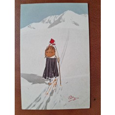Carte postala, desen, urcand pe munte, inceput de secol XX