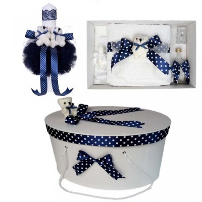Set trusou botez, cutie trusou si lumanare, Ursulet, fundita bleumarin, foto