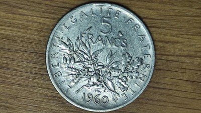 Franta - moneda mare 12 gr. ⌀29mm, argint .835 - 5 franci / francs 1960 - impecabila ! foto