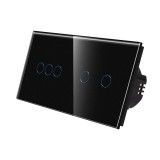 Intrerupator triplu + dublu cu indicator luminos, Luxion LX-ST-301/201-B, touch, incastrat, rama din sticla inclusa, negru