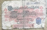 BNKSTR01DE Bancnotă Germania Imperială (WWI) - 2 Mark 1914, Darlehnskassenschein, varianta cu sigiliu albastru