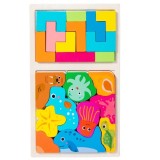 Joc puzzle, tip tetris, pentru copii, 2 in 1, animale marine, Montessori, lemn, 28.5 x 17 cm, multicolor