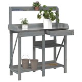 Banca gradina cu spalier vidaXL, gri, lemn brad, 110x45x125cm, blat zincat, raft depozitare, suport flori/plante, rezistenta 50kg