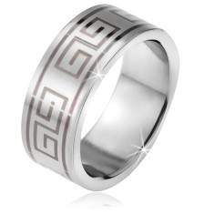 Inel din oțel, suprafață mată plată, cheie grecească neagră - Marime inel: 69