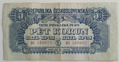 Bancnota Cehoslovacia - 5 Korun 1944 foto