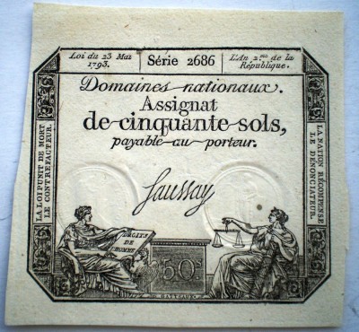 15. FRANTA REPUBLICA ASIGNAT 50 SOLS 1793 SR. 2686 XF/AUNC SAUSSAY foto