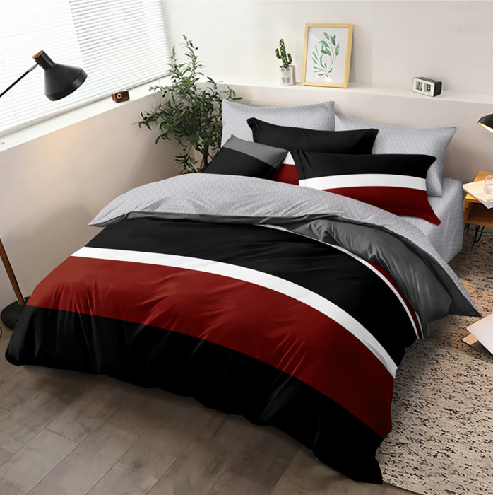 Lenjerie de pat pentru o persoana cu husa elastic pat si 2 fete perna dreptunghiulara, Tanvir, bumbac mercerizat, multicolor