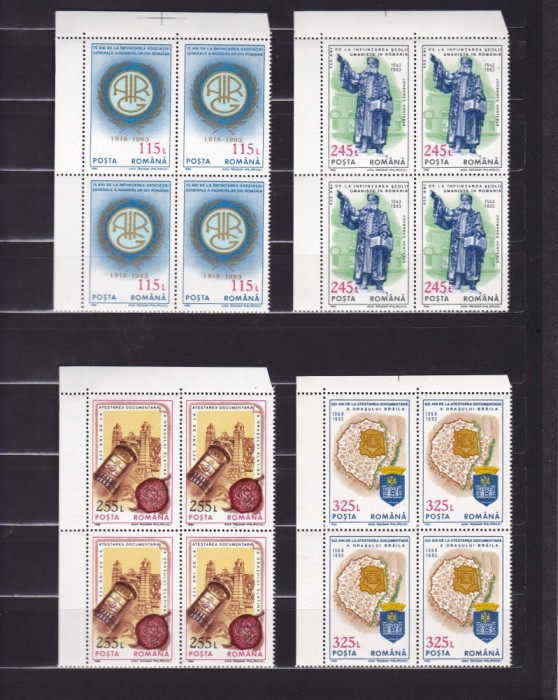 ROMANIA 1993 LP 1330 ANIVERSARI - EVENIMENTE BLOCURI DE 4 TIMBRE MNH