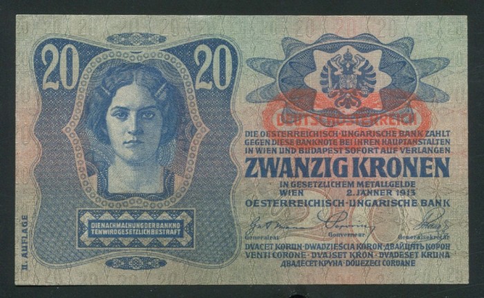 t833 UNGARIA ROMANIA 20 KORONA 1913 a doua emisiune UNC- doar cu urme de manipulare