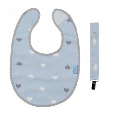 Baveta cu suport pentru suzeta Little Hearts Blue