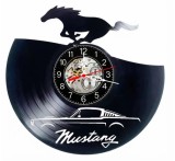 Ceas de perete decorativ realizat din disc de vinil, Model Ford Mustang Cal Galop, Fastback Masina Retro, Negru, 30 cm